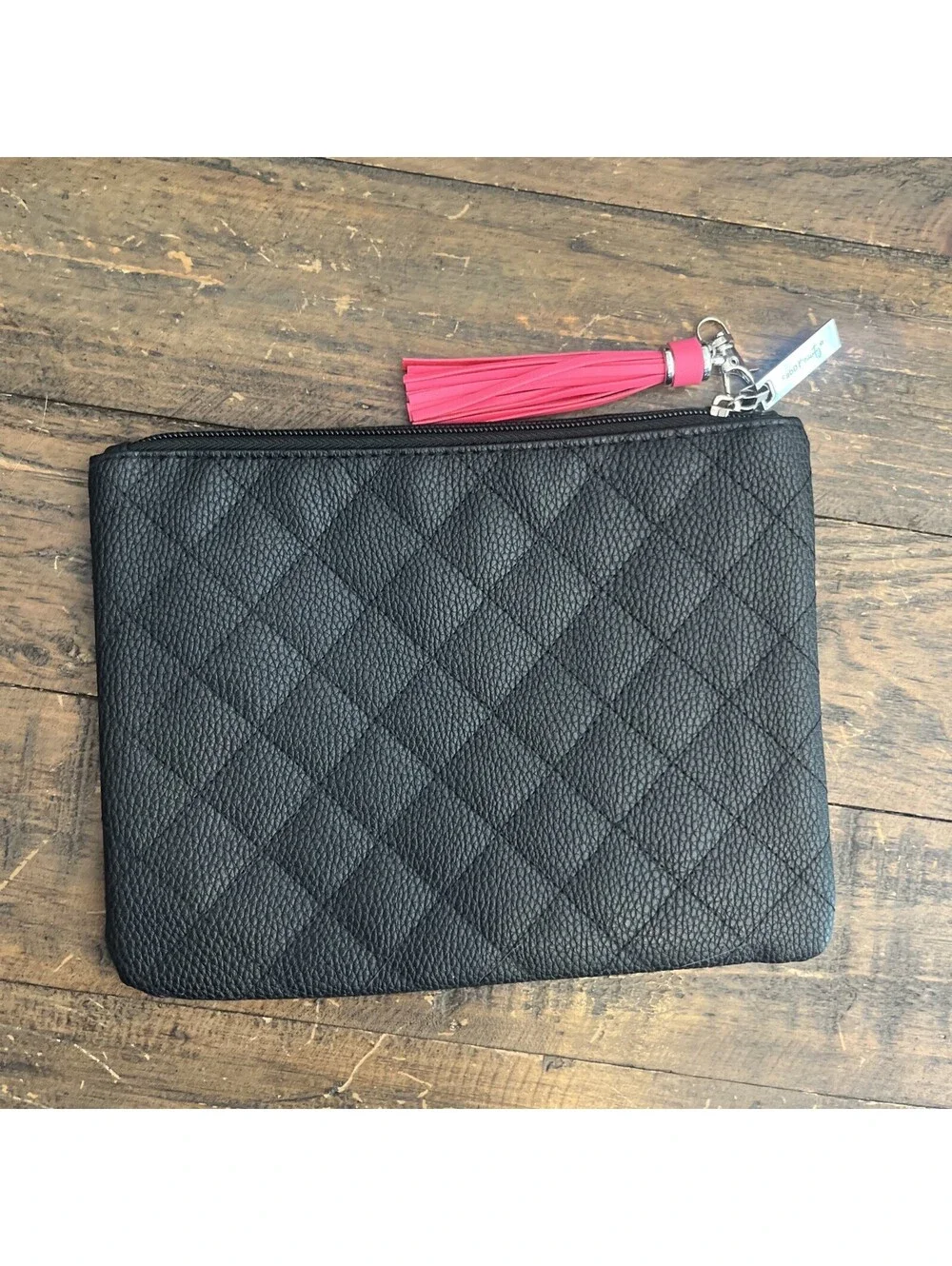 FabD Beauty Black Quilted Makeup Bag Boutique Cosmetic Pouch Zipper Pink Tassel